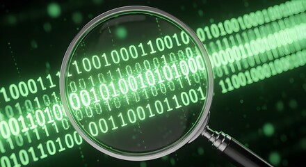 Illuminated binary code is magnified by a lens, creating an intriguing visual highlighting data analysis, security, and technological advancement in a modern green-toned, abstract representation.