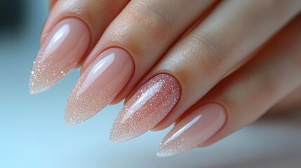 Woman show beautiful nail after receive care service by professional Beautician Manicure at spa centre. Nail beauty salon use nail file for Glazing treatment. manicurist make nail to beautiful.