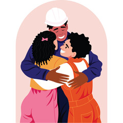 Diverse Construction Workers Share A Hug Celebrating Teamwork and Safety While Wearing Hard Hats and Overalls Against A Soft Pink Arch Background, Joyful Emotion Evident