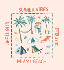 Obraz premium Hand made beach vibes vector. Surf club design. Life is good. Here come the sun. Summer vibes artwork.