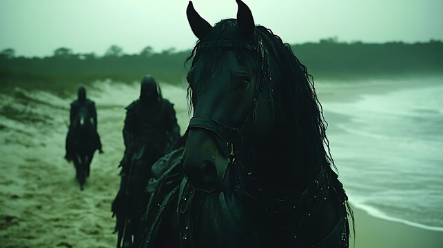 Silhouette of black horse and riders on a beach - Powered by Adobe
