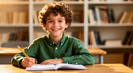 A young boy smiling while writing in a notebook at a desk in a classroom or study environment potrait