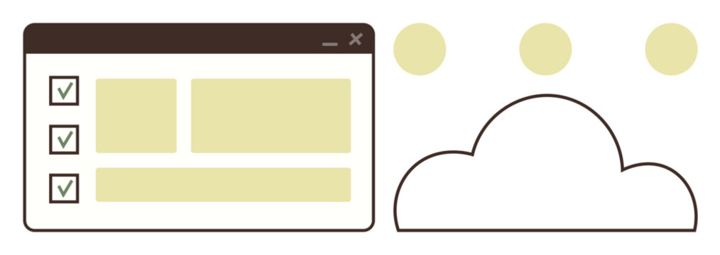 Online checklist in a browser window next to a cloud icon with connected dots. Ideal for productivity, task planning, cloud computing, teamwork, technology, workflow management, simple flat metaphor