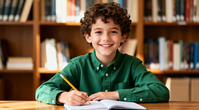 A young boy smiling while writing in a notebook at a desk in a classroom or study environment - Powered by Adobe