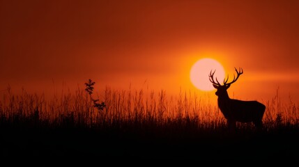 Obraz premium Majestic stag stands silhouette against vibrant sunset in a serene landscape