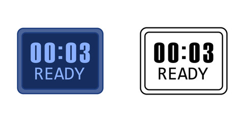 Digital timer glow icon showing glowing countdown numbers “00:03” with “READY” text on a small display. Great for countdown visuals, productivity tools, and timer interface designs.