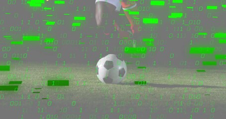 Soccer player nudging ball on grass, activating green digital-code overlay visualizing sports data - Powered by Adobe