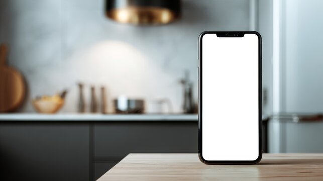 Modern smartphone stands on wooden table in stylish kitchen with bright lighting and elegant decor elements