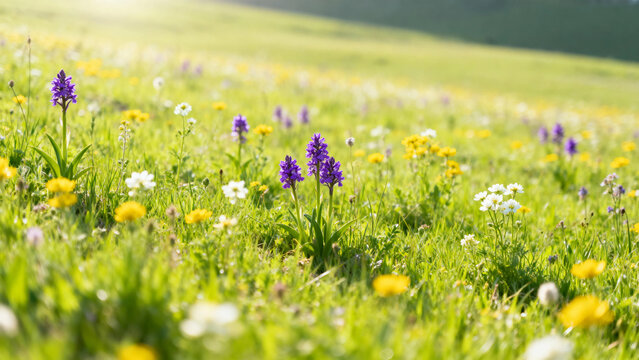A vibrant meadow filled with purple, yellow, and white wildflowers in full bloom under bright sunlight. - Powered by Adobe