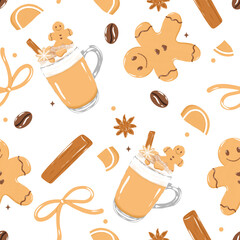 Gingerbread Coffee Christmas Seamless Pattern 