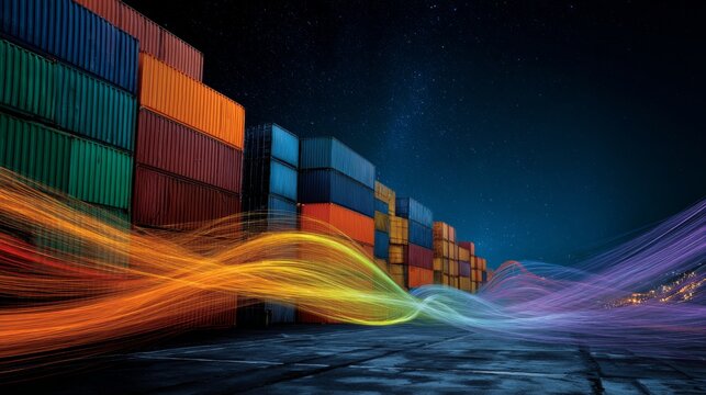 Unveiling global commerce: intricate views of shipping containers. Data links. Vibrant shipping containers stacked in port: a glimpse into global trade. Internet networks. Data network.