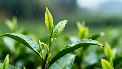 Obraz premium Close-up of fresh tea leaves with raindrops in a lush green field