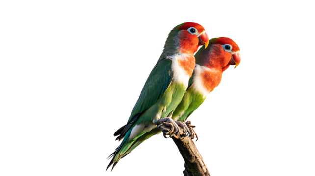 Pair of colorful lovebirds sitting on branch isolated on white background  
