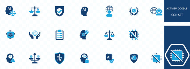 AI ethics and activism doodle icon set. Cute hand drawn illustrations of protester, robot face, barcode earth, surveillance cloud, melting globe, muted mic