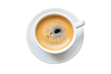 Cup of coffee isolated on transparent background, showcasing its rich crema and inviting aroma, perfect for a morning pickmeup or a cozy afternoon break