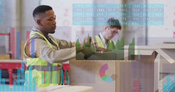 Front packer grabbing tape, sealing boxes for shipment while animated charts overlaying workflow