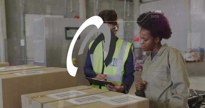 Packer pointing barcode leading coworker writing tablet, confirming shipment as wireframe shifting