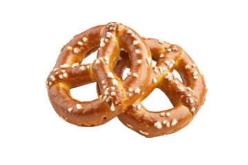 Two salted pretzels isolated on transparent background, showcasing their goldenbrown color, twisted shape, and coarse salt, perfect for snack or appetizer with beer