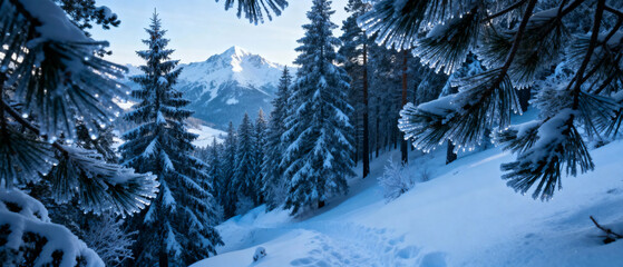 Snow-covered pine trees in a mountain forest with distant peaks under a clear blue sky