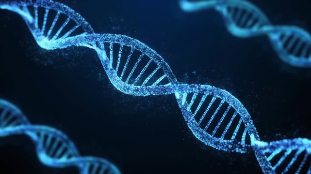 Glowing blue DNA double helix structures on a dark background with a shallow depth of field.
