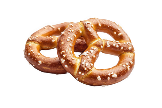 Two delicious pretzels isolated on transparent background, showcasing their goldenbrown crust, sprinkled with coarse salt, and inviting texture for a delightful snack
