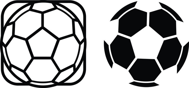 Two monochrome soccer ball icons showcase classic sporting equipment against a white backdrop