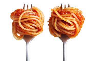 Two forks holding spaghetti with tomato sauce isolated on transparent background, showcasing a classic italian dish with vibrant colors and inviting presentation