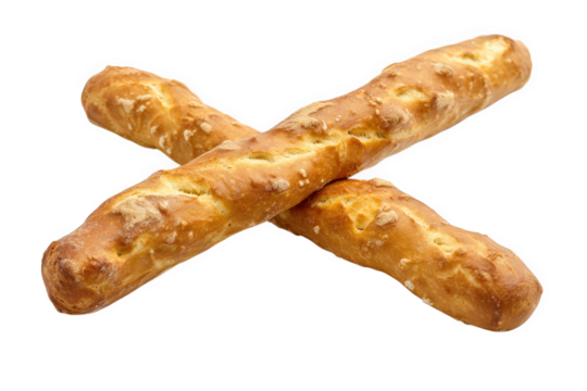 Two pretzel sticks crossed isolated on transparent background, displaying their goldenbrown color, sprinkled with salt, and offering a crunchy, savory snack