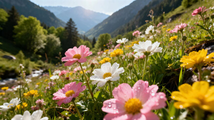 Colorful wildflowers in bloom on a mountain meadow with a stream and forested hills in the background