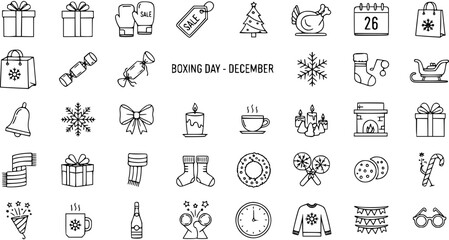 Boxing Day and December Holiday Line Art Icons Set
