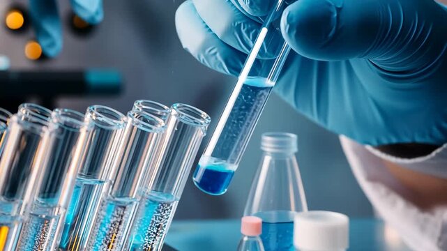 Laboratory technician in blue gloves carefully holding test tube with blue liquid, surrounded by glassware, showcasing scientific research and experimentation in a modern lab environment