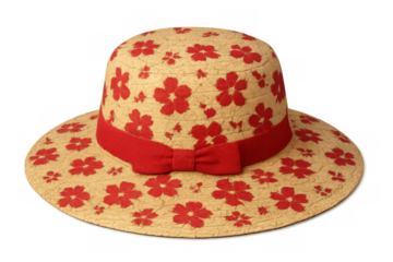 Straw sun hat with red floral pattern and matching ribbon bow, representing summer fashion and holiday accessories, on transparent background
