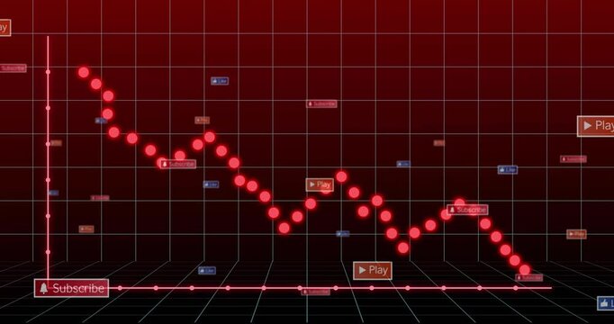 Points popping, forming red dots moving down grid, showing data drop with floating Play or Subscribe