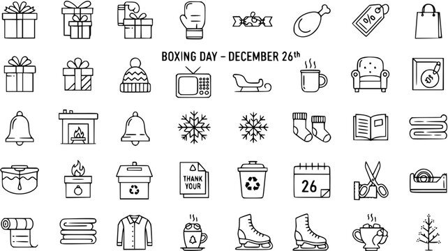 Boxing Day Icons: Winter Holiday Shopping Season Symbols, Vector Illustration