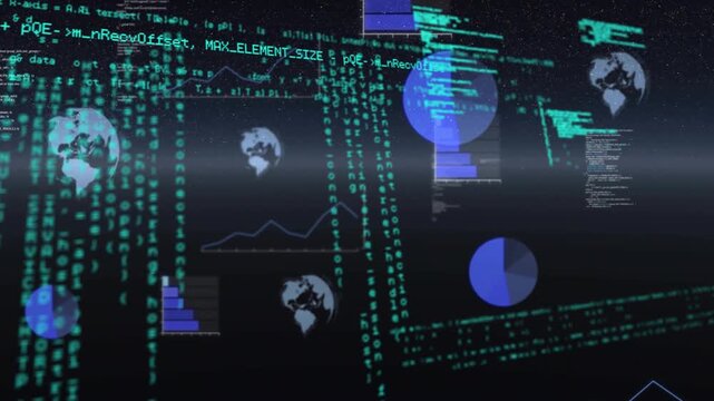 On element spawn 3D data visuals floating forward and enlarging to show global metrics