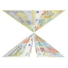 Assorted two hundred, one hundred, fifty, twenty, ten and five euro banknotes arranged in an X shape with geometric deformation altering perspective, studio shot, isolated on a plain white background.