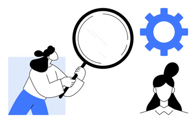 Female figure holding magnifying glass, examining details near gear and avatar head. Ideal for analysis, research, workflow, teamwork, human resources, business strategy, simple flat metaphor