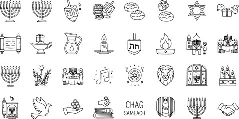 Hanukkah and Jewish Holiday Line Art Icons Set: Menorah, Dreidel, Donuts, Oil, Candles, Star of David