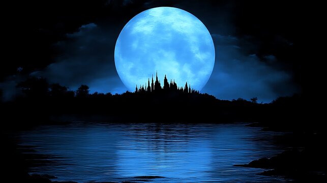 Silhouetted castle, dark night, luminous blue moon