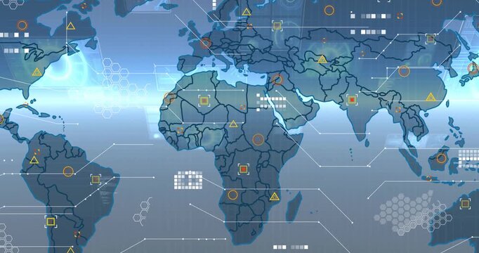 Bright light band appearing, stylized world map showing pulsing markers and lines for monitoring