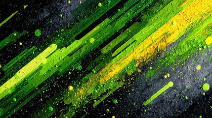 Abstract green and yellow spray paint diagonal texture on black surface, generative ai