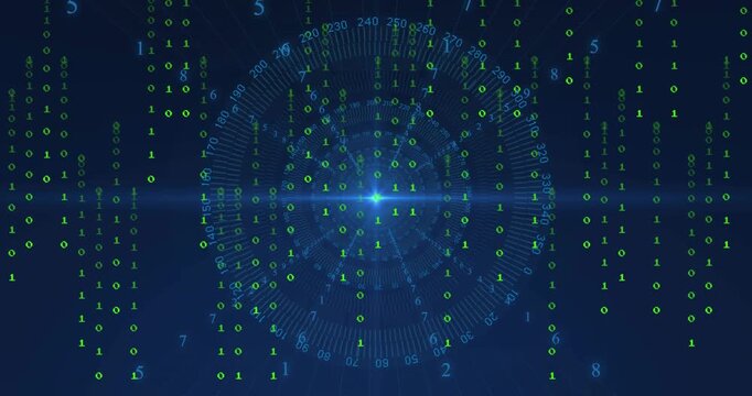 Central blue point emerging, circular HUD rotating and pulsing, binary rain descending to map