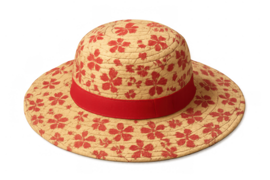 Straw hat featuring a vibrant red floral design and coordinating red ribbon, ideal for summer, beach, and travel fashion