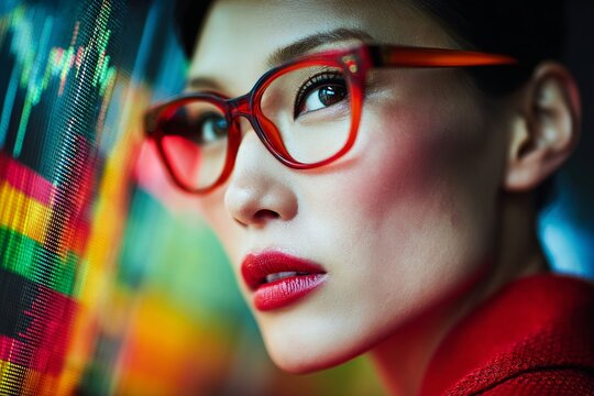 Strategic vision: analyzing real-time market movements with precision. Elegant outfit. Innovative financial presentation: leading with visual data insights. Advertising photo. Chic appearance.