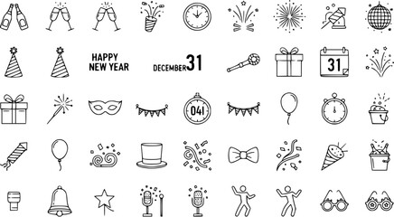 New Year's Eve Celebration Outline Icons Set. Vector Collection of Festive Party Symbols like Champagne, Fireworks, Clock, Gifts, and Decorations.