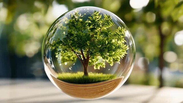 Tiny green tree in a glass sphere
