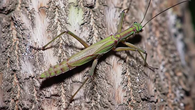 Close up of a green stick insect blending into the bark of a tree in its natural habitat