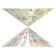 Assorted two hundred, one hundred, fifty, twenty, ten and five euro banknotes arranged in an X shape with geometric deformation altering perspective, studio shot, isolated on a transparent background.