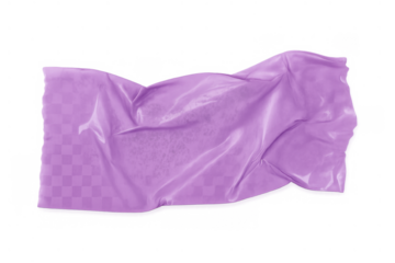 Purple wrinkled adhesive tape strip tearing with texture effect, transparent background, isolated sticky element for design