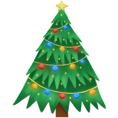 illustration of decorated christmas tree with colorful lights and ornaments on transparent background